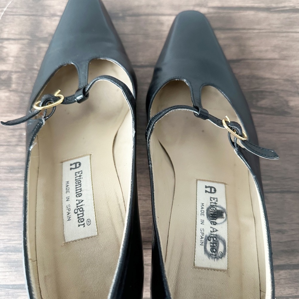 Etienne Aigner Retro Leather Black T-Strap Athena Heels Women's Size 7M - Picture 5 of 10
